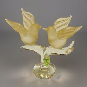 VTG Satin Frosted Glass Bird Pair on Clear Glass Branch Figurine Art Glass 2.5"